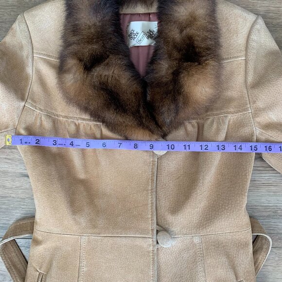 Vintage Sears Suede Real Fur Collar Belted Long Penny Lane Overcoat Trench Coat - Picture 10 of 16